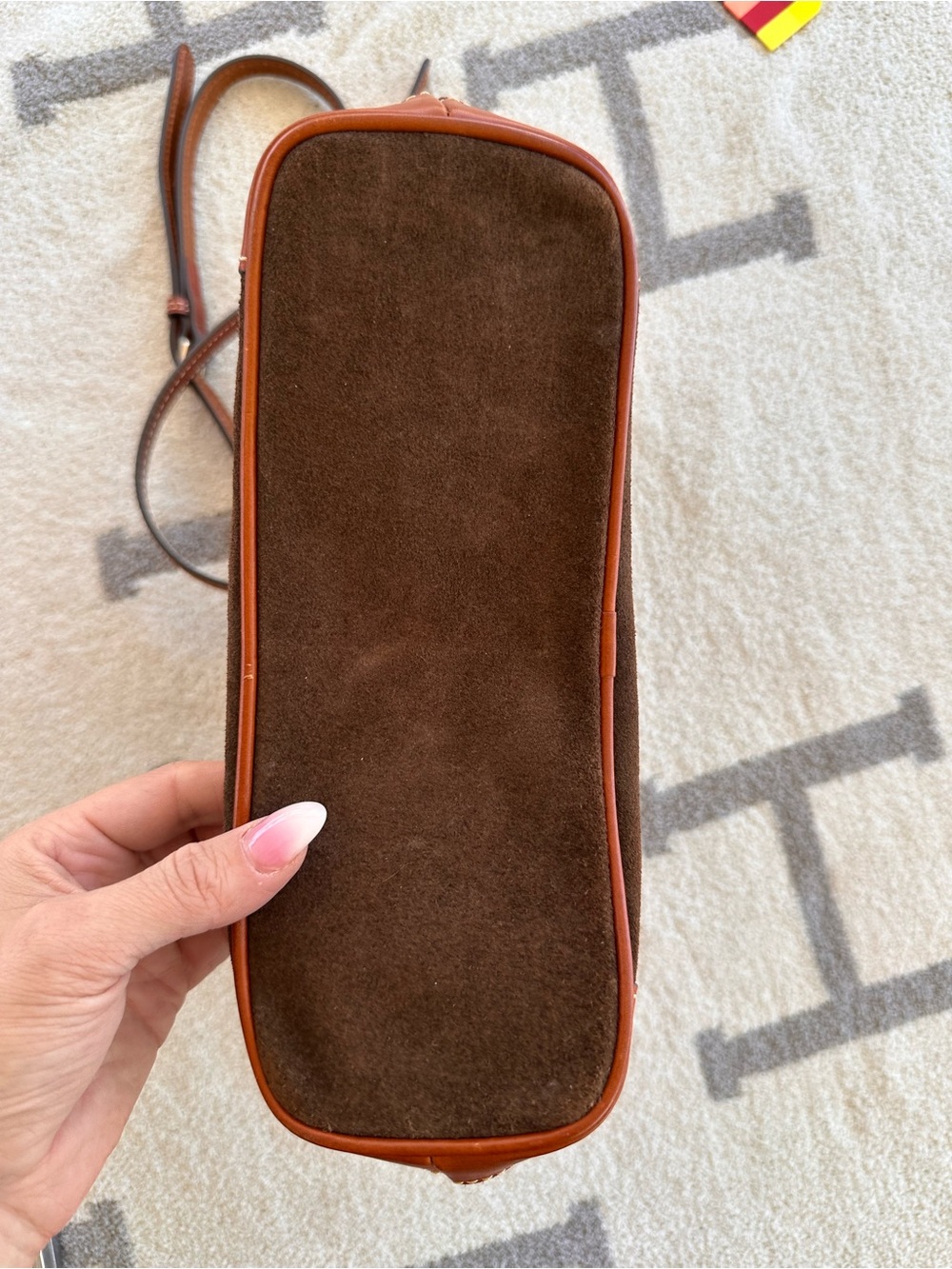 Dooney & Bourke Dark Brown Suede Crossbody Bag with Tan Trim - Picture 6 of 15